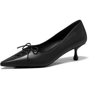 🆕Womens Black Faux Leather Strappy Bow Pointed Toe Slip On Dress Pumps
